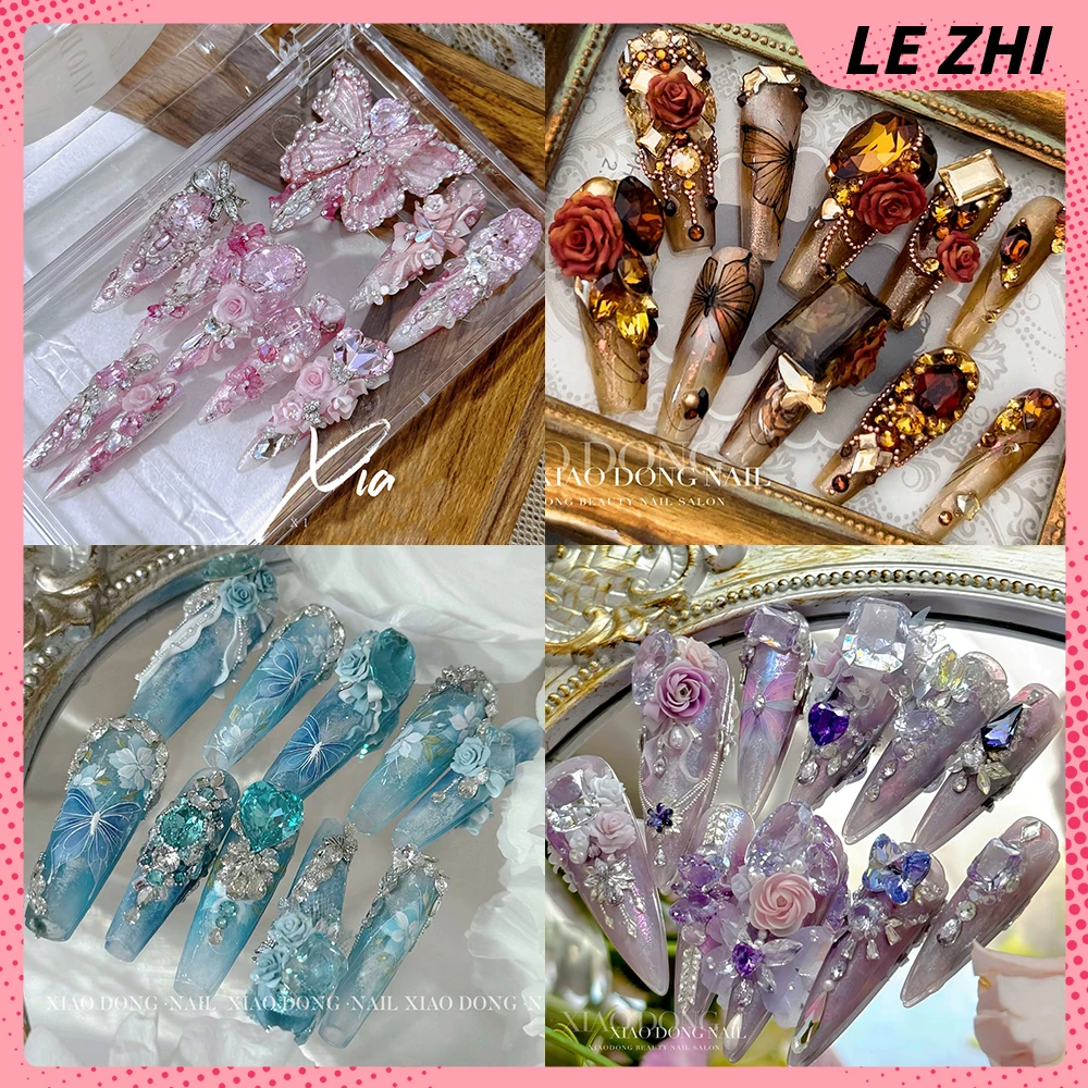 

Beautiful Luxury Flower Handmade Long Coffin Stilettos Press On Nails Shining Rhinestone Butterfly Pearl Chain Fake Nail Gifts