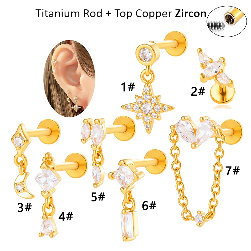 2 piezas G23 varilla de titanio perno prisionero de oreja hilo interno aro de cobre superior colgante de circón tachuelas de labio cartílago del trago lóbulo joyería Piercing