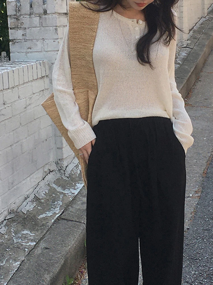 

Korean Sle round Ne Knitted Sweater Women's Thin Long Sve Sun Protection Cover up Early Autumn New Design Trendy Top