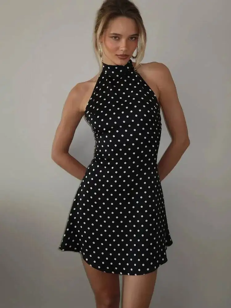 Dot Halter Mini Dress For Women Elegant Off-shoulder Sexy Lace-up Sleeveless Backless Fashion Club Party Dress DJA8