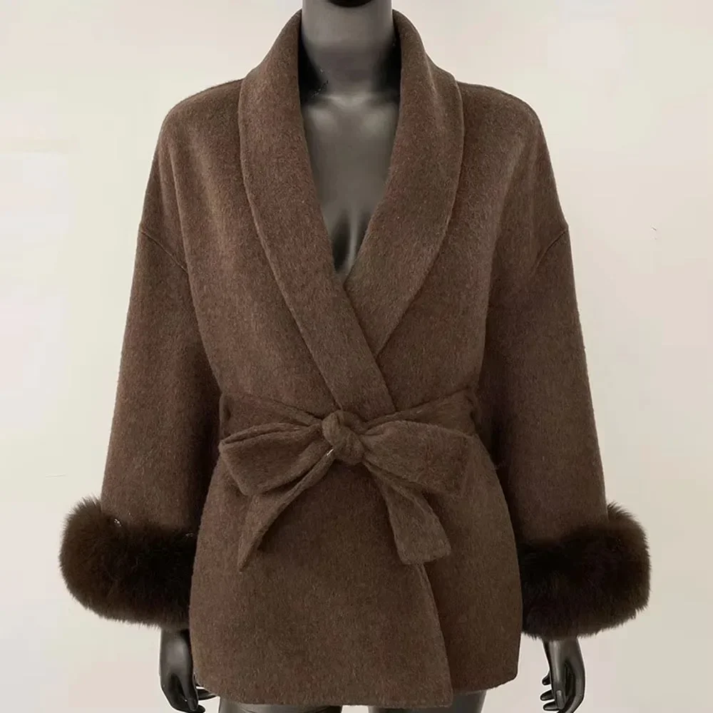Abrigo de mezcla para mujer, chaqueta de lana a la moda 2025, cuello de piel de zorro Natural para invierno, abrigo de piel auténtica de lana de Cachemira grueso y cálido para otoño