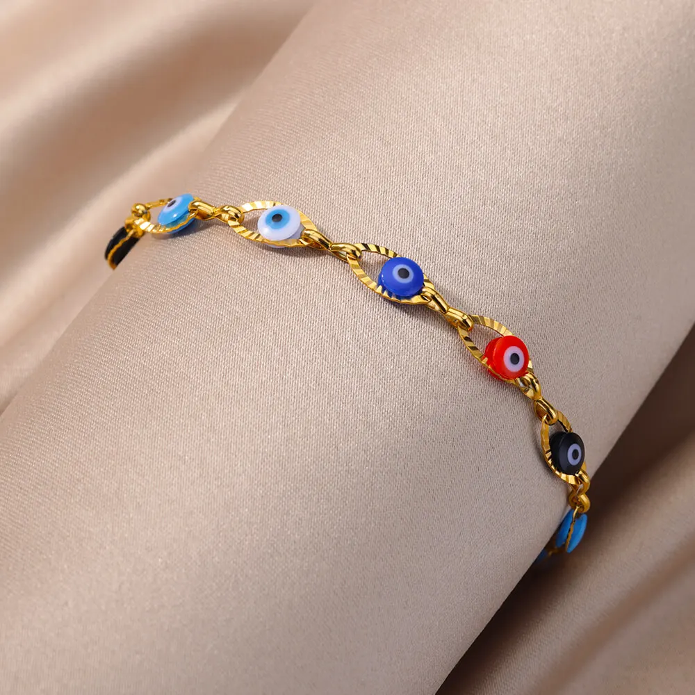 Vintage-Armband mit dem Symbol des bösen Blicks, für Damen, goldfarben, aus Edelstahl, mit Gliederkette, als Schutzamulett, Glücksbringer, Schmuckstück, Geschenk für Partys. – Detail 5