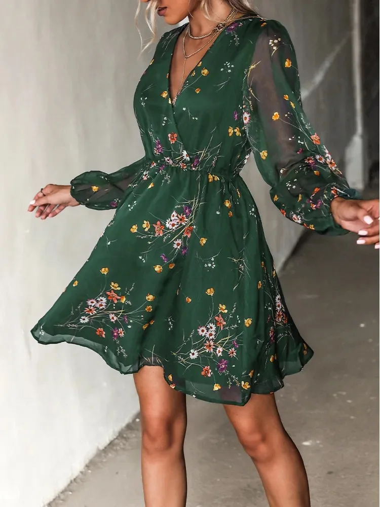 SKMY 2025 ربيع جديد ملابس النساء أنيقة الشيفون شير موضة فستان مُزين بطباعة الخامس الرقبة عالية الخصر كم طويل فساتين الحفلات