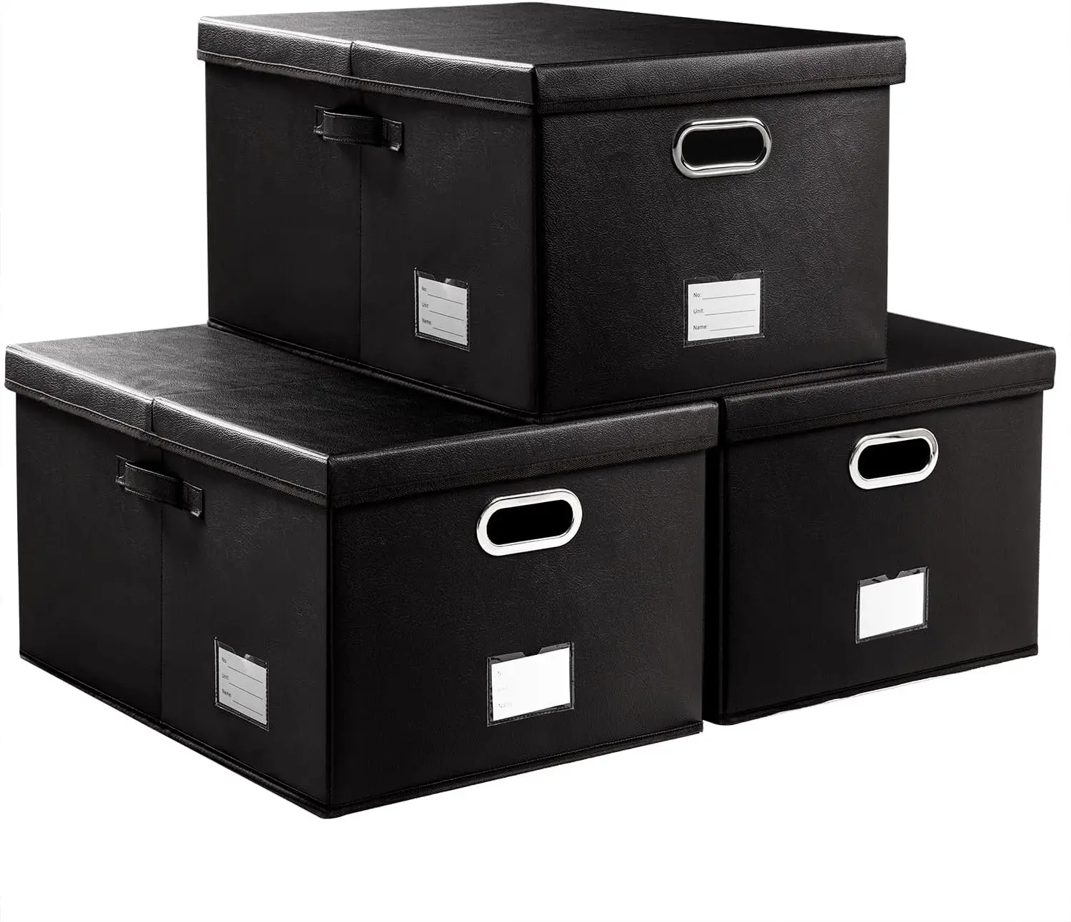 Paquete de 3 Cajas de Almacenamiento Plegables con Tapa, Contenedores Plegables de Tela de Cuero para el Hogar, Armario u Oficina, Negro 22.8x15.7x11.8