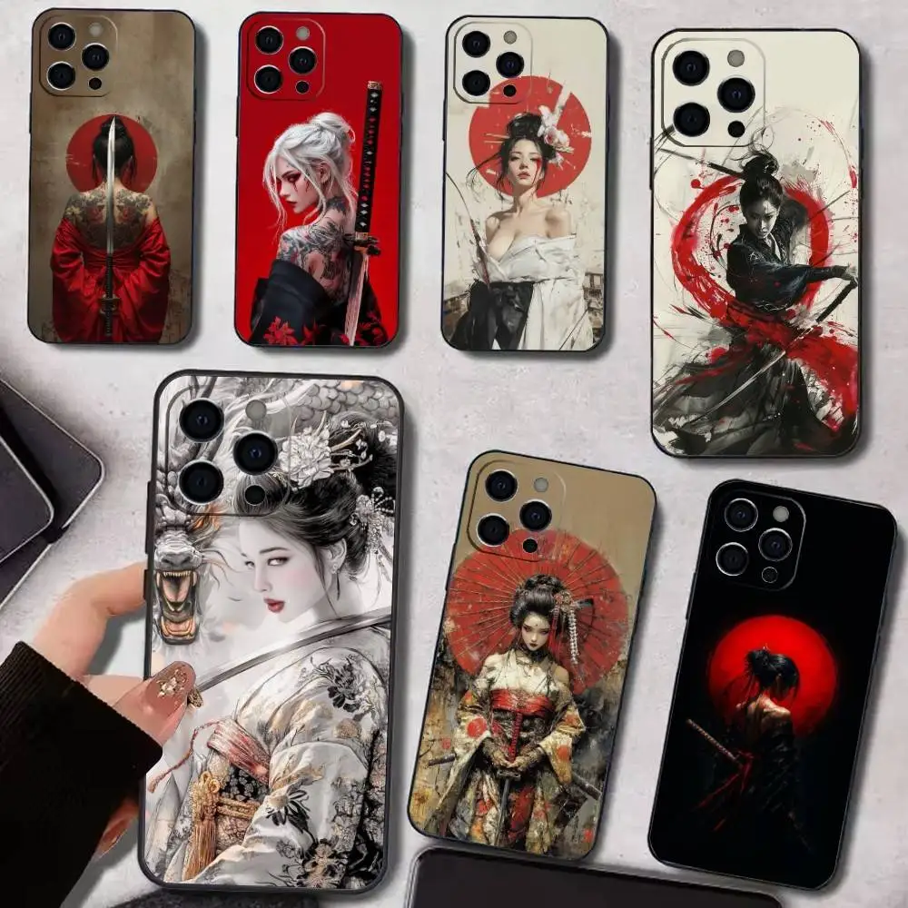 

S-Samurai Warrior G-Geisha Phone Case For iPhone17,16,15,14,13,12,11 Plus,Pro Max Soft Black Cover