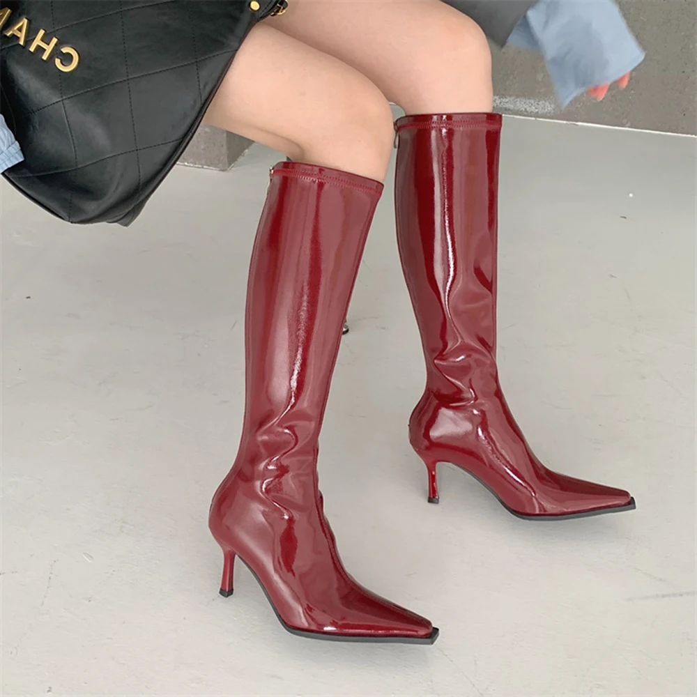 Patent Leather Women Knee High Boots Pointed Toe Knight Botas Thin High Heels Back Zipper Black Red Beige Soft Party Winter Bota