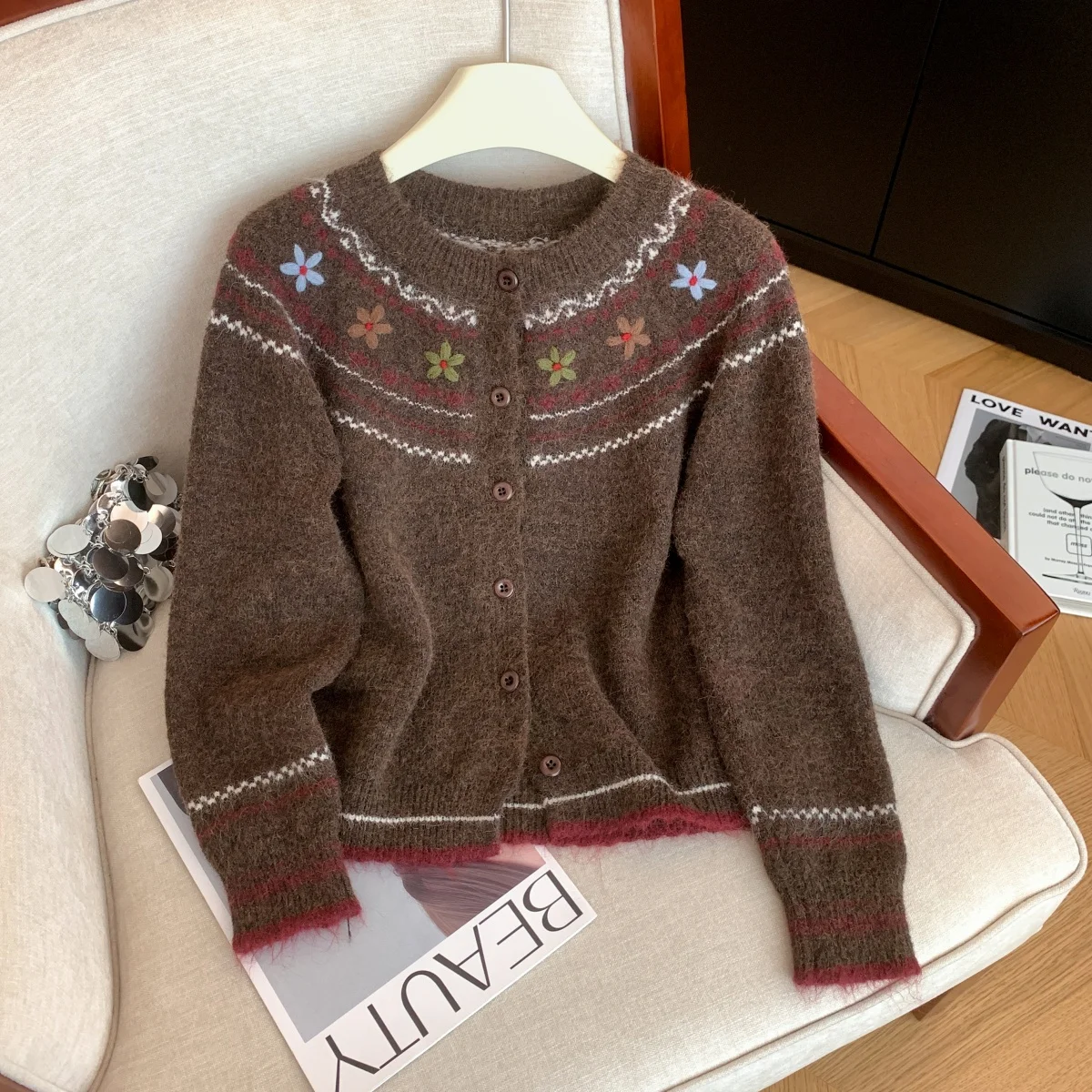 Women's Apricot O-Neck Cardigan Japanese Sweater Vintage 2000s Y2k Jumper Knitwear Long Sleeves Cashmere Sweater Spring Autumn