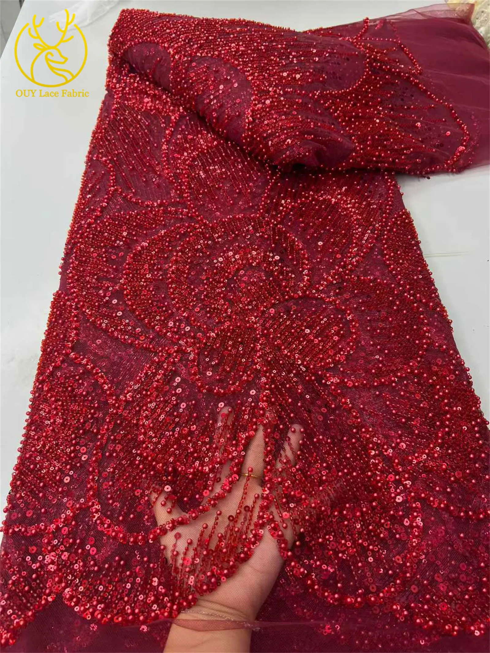 Marineblauer Luxus Hochwertiger Bestickter Perlen-Pailletten-Spitzenstoff Modischer Französischer Tüll-Netzstoff für Party und Hochzeit – Detail 12
