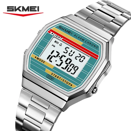 Imagen 2 del producto SKMEI 2514 nuevo reloj Digital para hombre, caja dorada cuadrada Retro, correa de acero inoxidable, cronómetro, despertador, reloj clásico para hombre