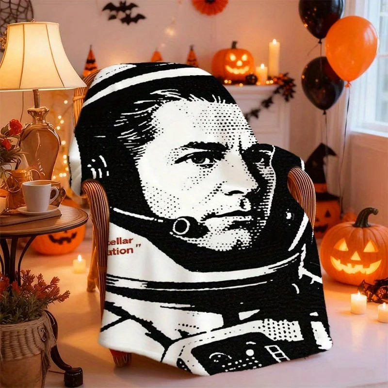 1pc Retro Astronaut Space-Themed Black & Blanket - Lightweight Flannel Throw with Iconic Astronaut Face & Space Shuttle Design
