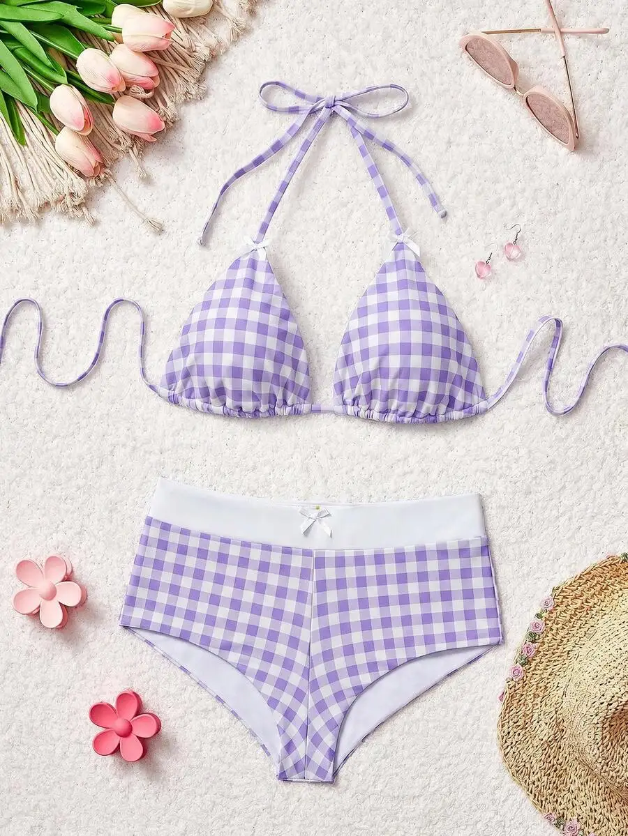 

Purple And White Checkered Halter Triangle Bikini Set For Women Beach Swimwear
