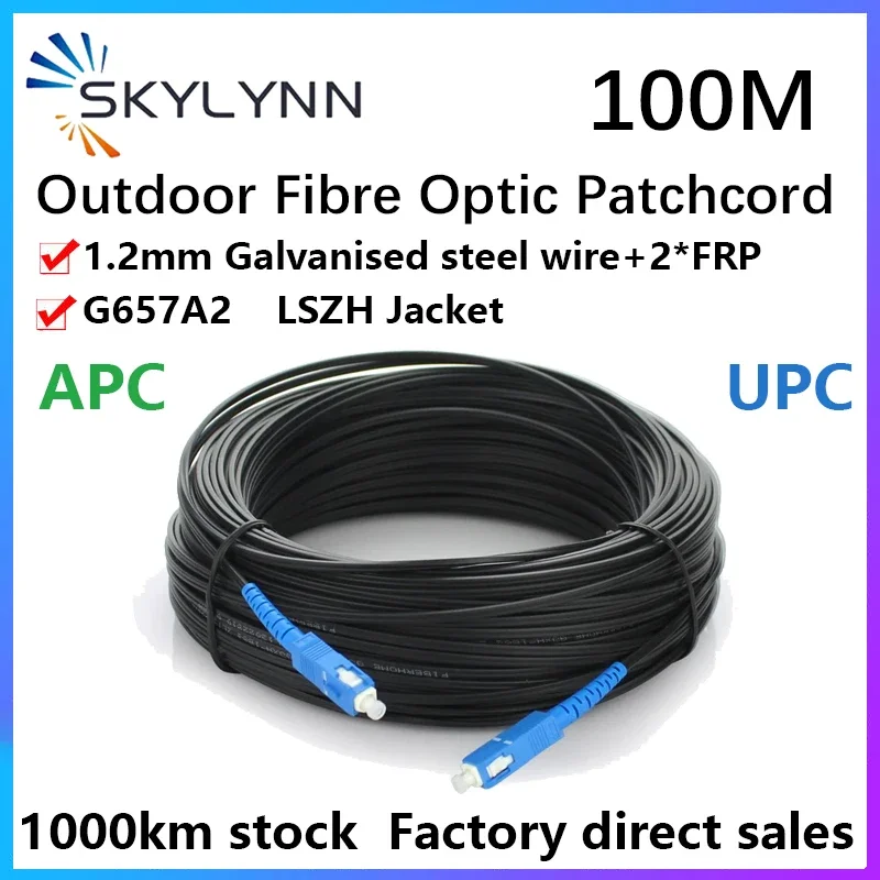 Outdoor Fibra Óptica Patch Cord, Fio de Aço Galvanizado, Alta e Baixa Temperatura Resistente, LSZH Personalizado, G657A2 FRP, 1.2mm, 100m