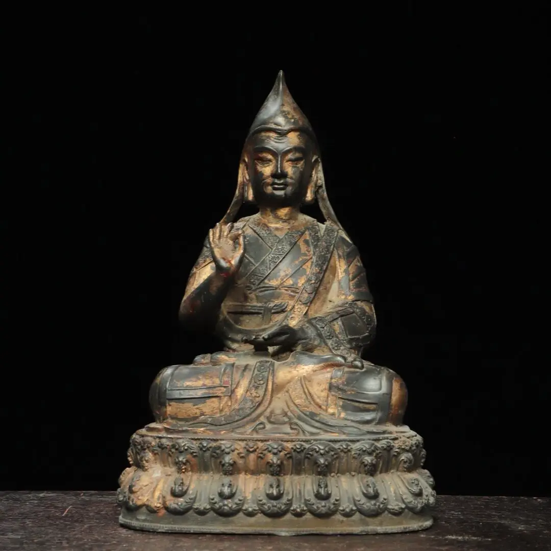Tsongkhapa Figurine Pure Brass Carved Clay Gold Antique Home Temple Desk Worship Ornament