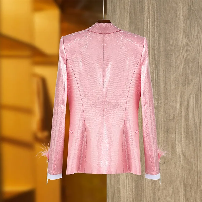 Stunning Costume Baby Pink Sparking Sequineds Feather Patchwork Fancy Stones Women Luxury Party Jackets Lady Blazers