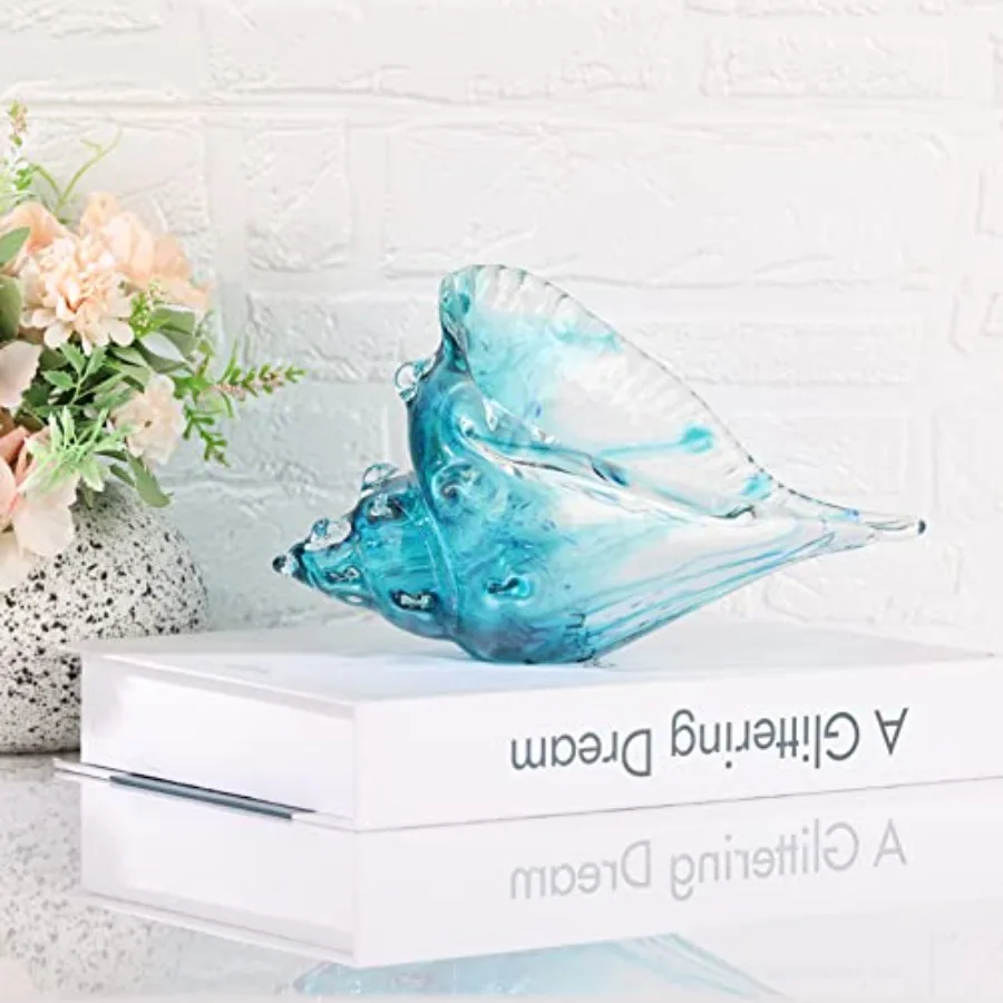 Handblown glass sculpture, modern green sea glass art decorative conch statue, coastal decor shell sculpture, suitable for livi