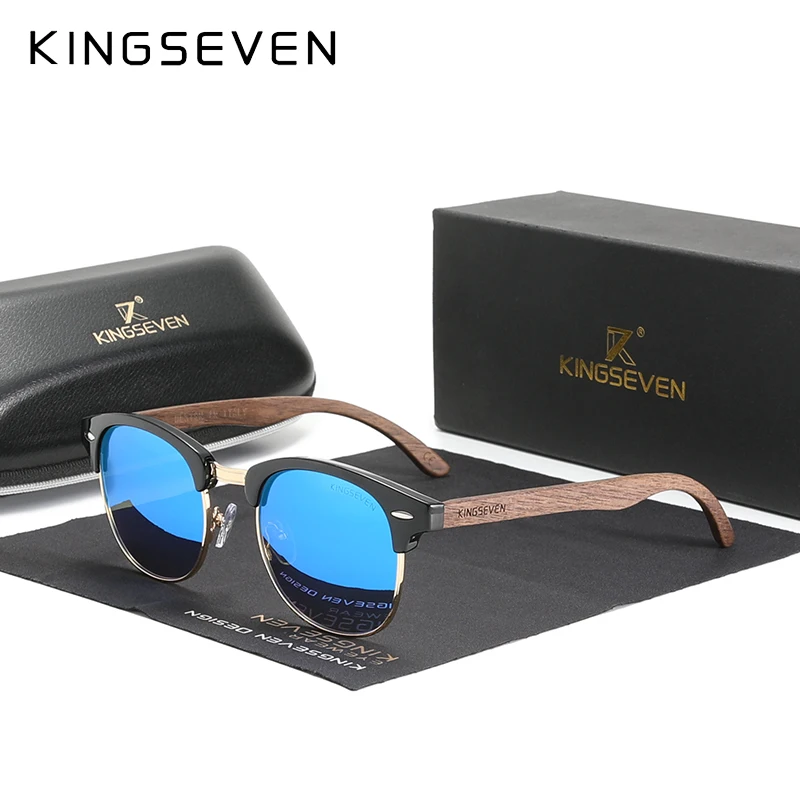 Kingseven Handgemaakte Zwarte Walnoot Houten Zonnebril Mannen Gepolariseerde Uv400 Bescherming Semi-Randloze Retro Brillen Vrouwen Voor Het Rijden