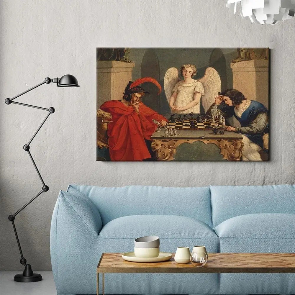 IUHYVMSM Vintage Faust And Mephistopheles Playing Chess Poster Canvas Wall Art, Classical Vintage Wall Decor for Bedroom