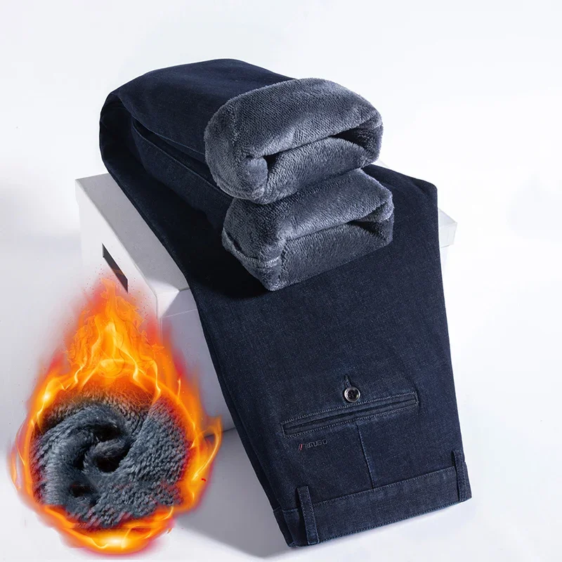 

Winter Men's Classic Style Warm Business Jeans Fashion Casual Denim Stretch Cotton Thick Fleece Denim Pants Male Brand Trousers