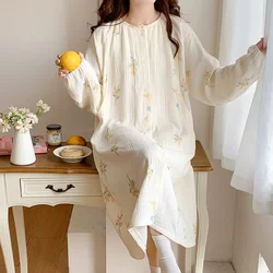 100% Cotton Double Gauze Nursing Night Dress for Maternity Long Sleeve 2024 Spring Summer Sleepwear Pregnancy Home Hospital Wear