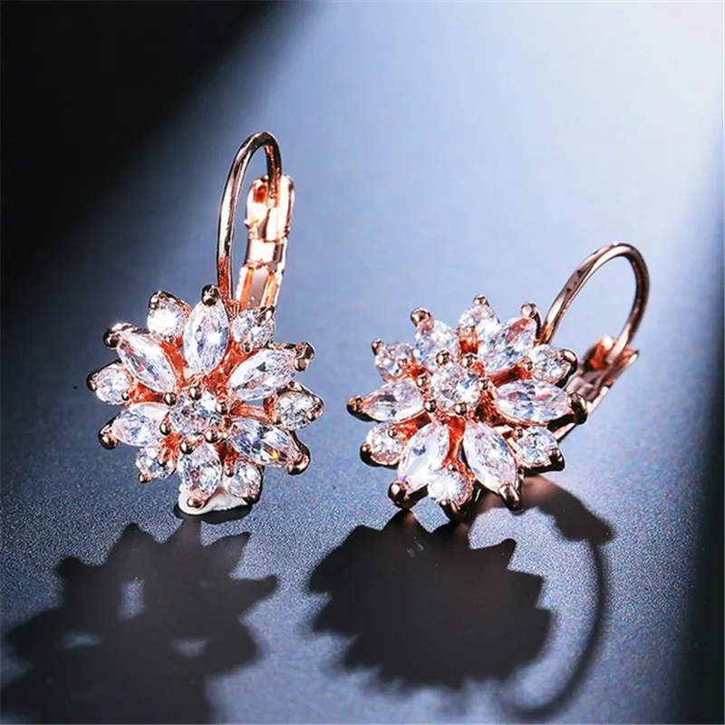 Rose Gold Color Hoop Earrings Flower Cluster Clear CZ Crystal Zirconia Earring for Women Jewelry