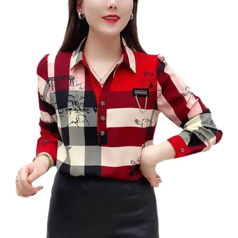 Female All-match Vintage Plaid Printed Shirt Fashion Button Casual Polo-Neck Pullovers Blouse Spring Autumn Women\'s Clothing