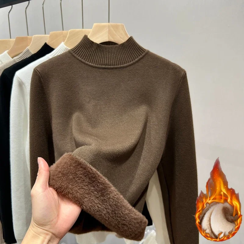 

2025 тонкий мягкий пуловер с бархатной подкладкой и длинными рукавами, осенне-зимний свитер с воротником, женские толстые теплые вязаные топы