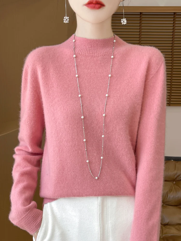 

TLOML New Autumn Winter Women Mock Neck Pullover Sweater 100% Merino Wool Knitwear Basic Soft Warm Bottoms Female Clothing Tops