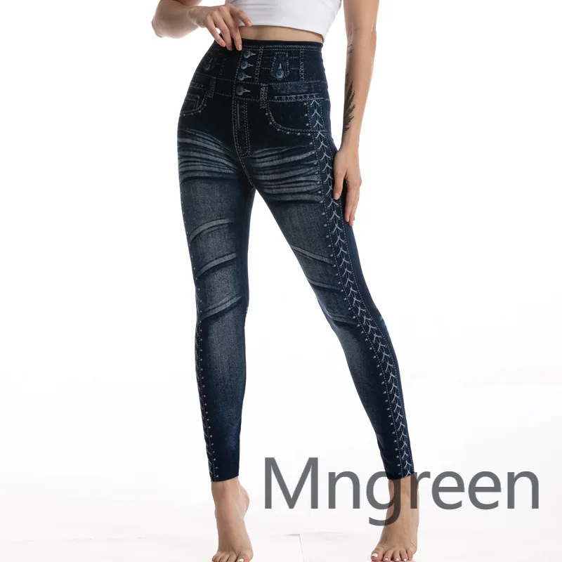 

2025 new, fashionable printed cotton imitation denim leggings for women, high-waisted slim-fitting hip-lifting pants for women