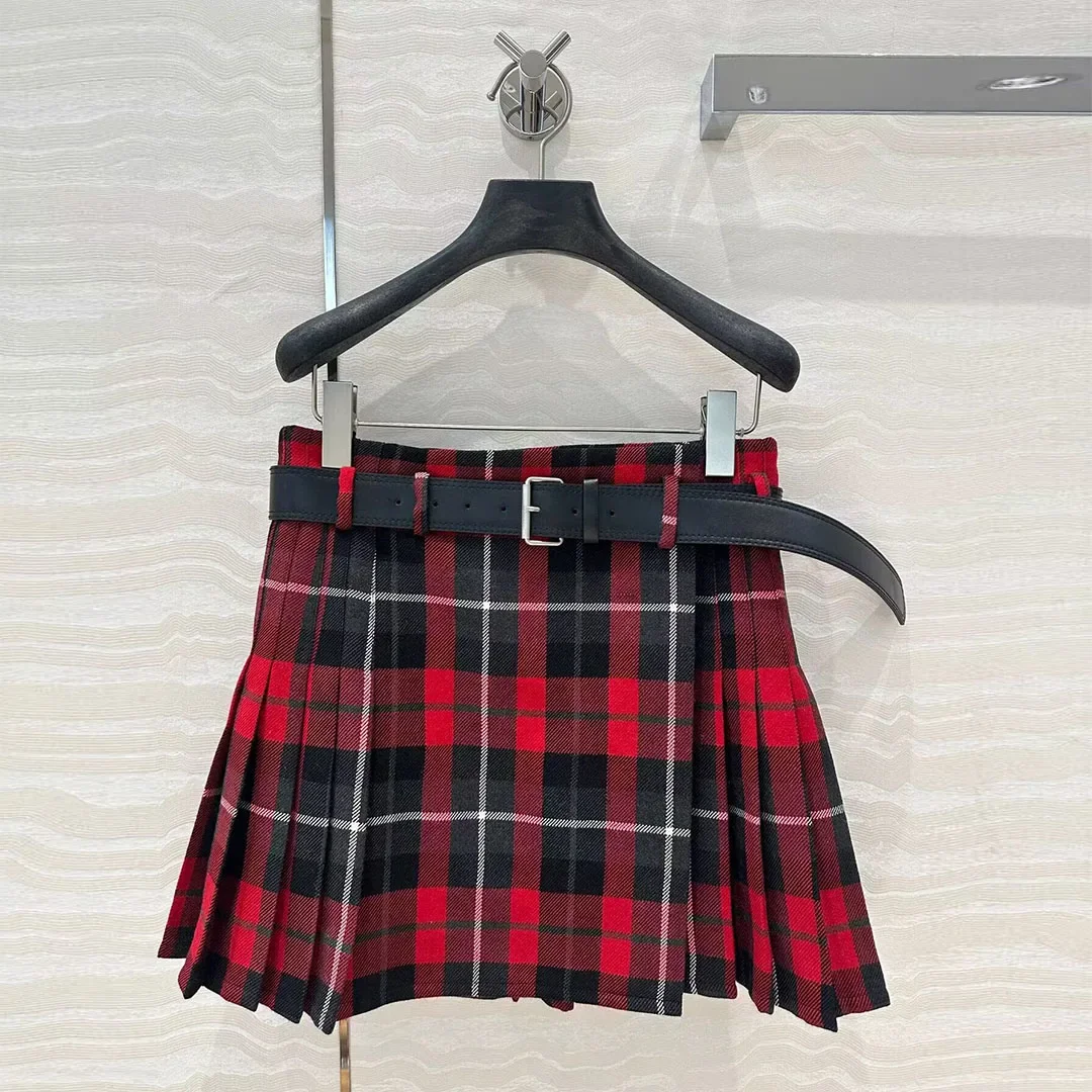

New Spring Fashion England Red Plaid Woolen Mini Pleated Skirts Womens PU Leather Belt High Waist Sweet Vintage Skirt