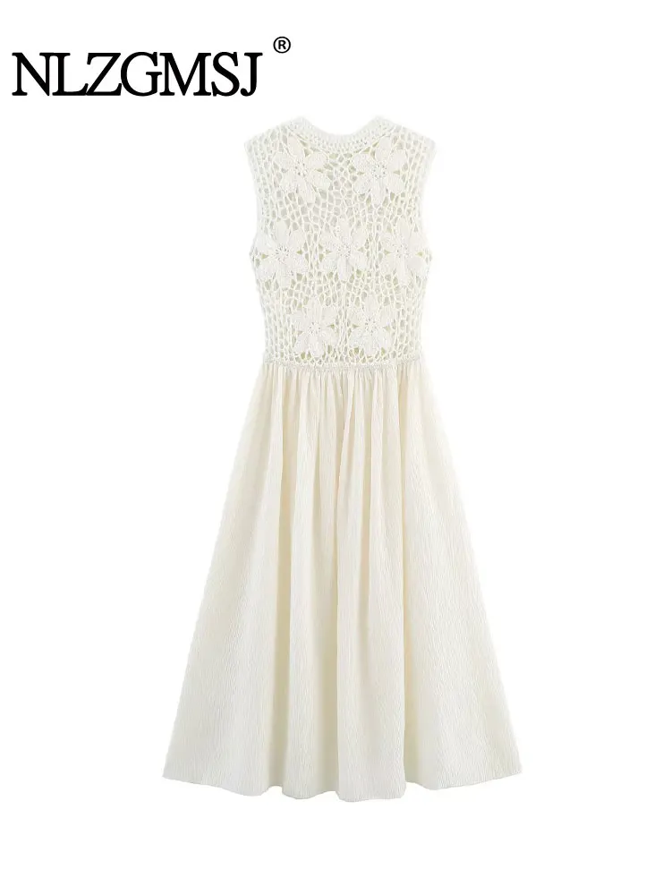 2025 Women's Dresses Women Flower Embroidery Splicing Midi Dress Summer Sleeveless Patchwork Long Elegant Dresses ﻿