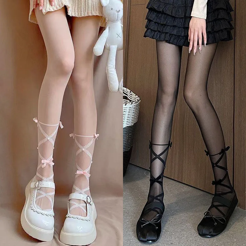 Strap Bow Pearl Pantyhose Women White Silk Stockings Jk Sweet Pure Desire Lolita French Design Cross Bowknot Tights Ballet Girl