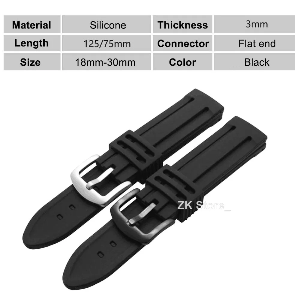 Silicone Watch Straps 18/20/22/24/26/28/30mm Sport Watchband Soft Diving Waterproof Wristband Belt Metal Brushed Clasp Bracelet