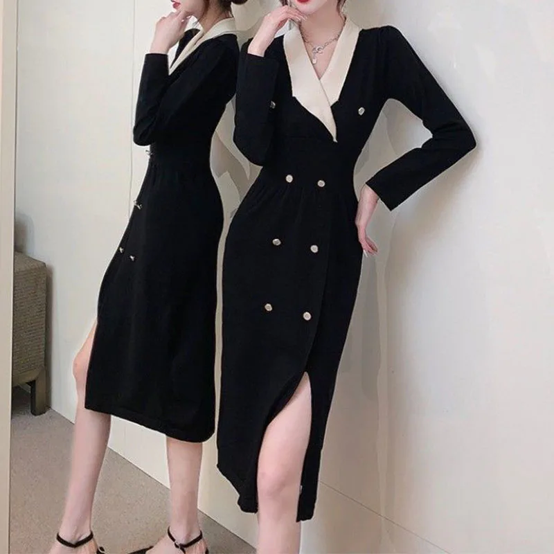 Temperamen Fashion Sping Autumn Dresses Women Solid V-Neck Corset Split Button Chic Long Sleeve Slim Loog A-line Knitted Dress