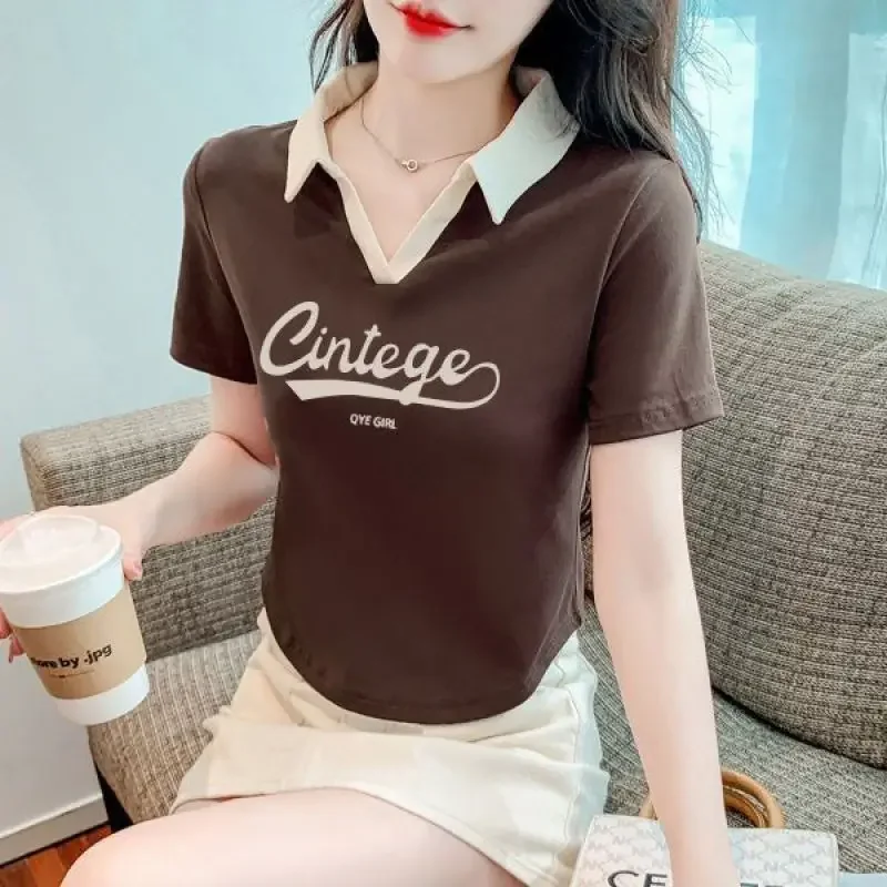 Summer Pullover Women's Clothing Short Sleeve Polo Tee Turn-down Collar Vintage Letter Printed Casual Fashion Sexy Crop Tops