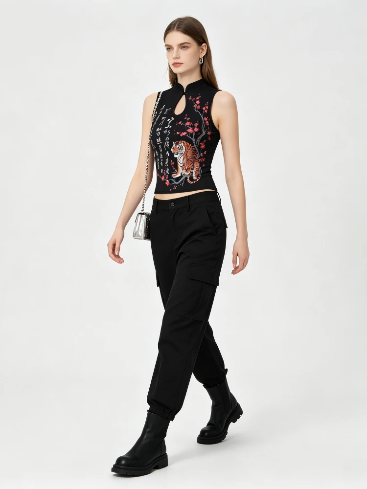 New Chinese Fashion Cheongsam Collar Vest Oriental Calligraphy Tiger Floral Print Hollow Out Slim Sleeveless Tank Tops For Women