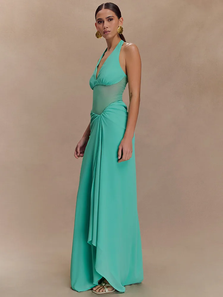 Durchsichtiges Chiffon-Maxikleid für Damen, Neckholder, tiefer V-Ausschnitt, Krawatte, sexy, rückenfrei, schmal, asymmetrisch, schmale A-Linien-Kleider, Partykleidung