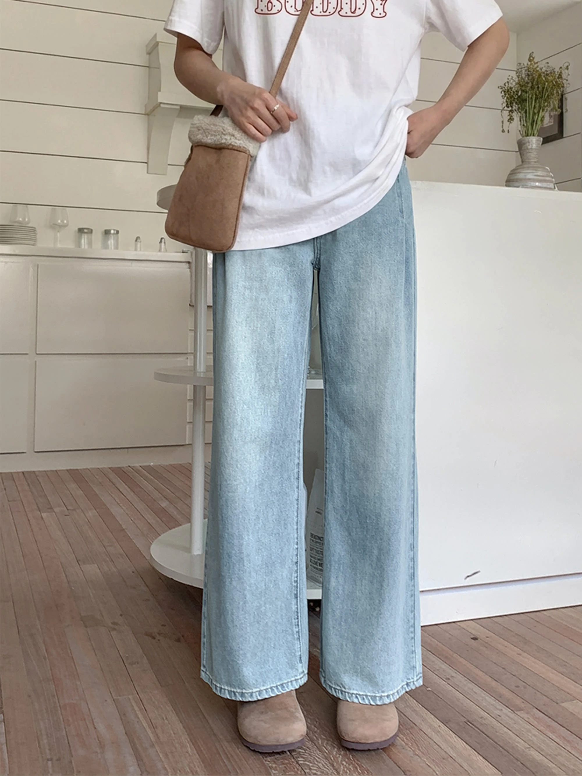 

Весенне-летние свободные прямые синие джинсы для женщин, укороченные, с эффектом драпировки, длинные брюки, женские мягкие дышащие джинсы из хлопка