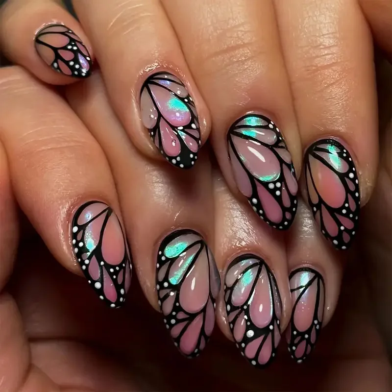 24Pcs Stunning Black Butterfly Wing Press On Nails White Spots Design Mid-length Almond Fake Nail Removable False Fingertips TD