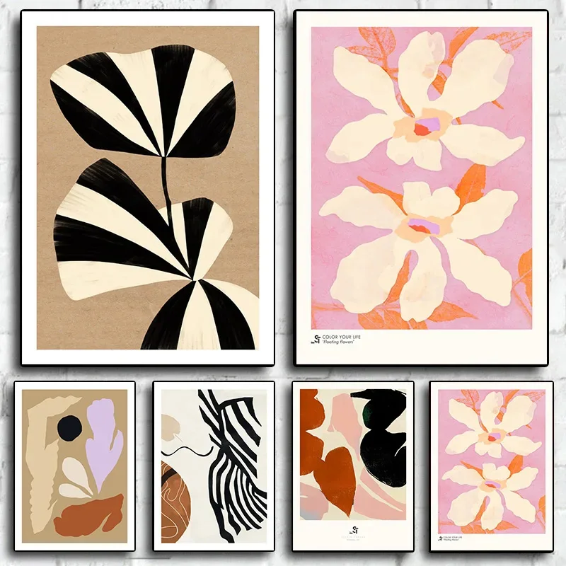 Affiche florale abstraite aux formes variées, motifs géométriques, peinture sur toile et impressions pour décoration murale de la maison