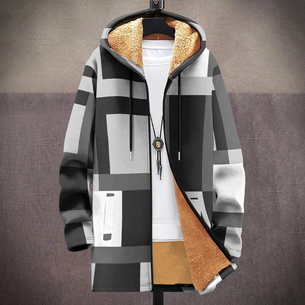 Men Cardigans Coats Geometric Splicing Pattern Art Graphics Printed Plush Thick Winter Jackets Casual Streetwear Unisex Clothing