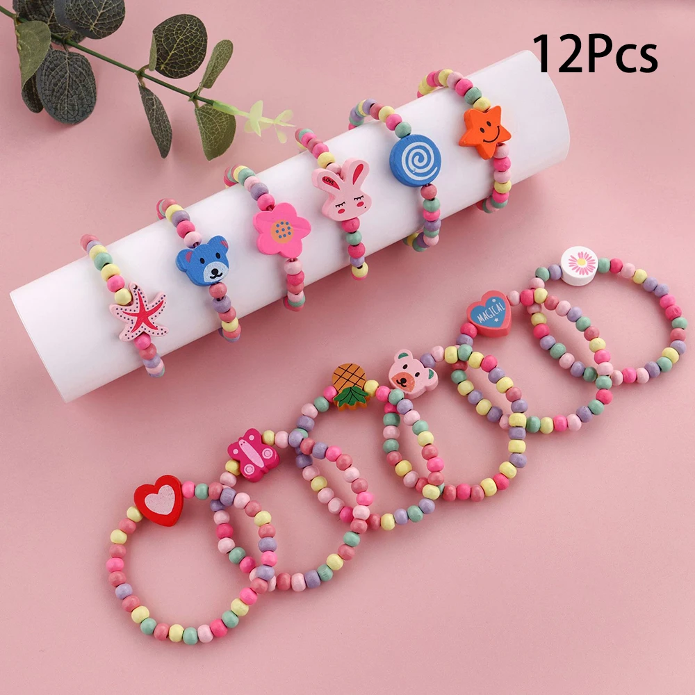 12pcs Cartoon Wooden Beads Bracelet for Kids Girl Birthday Party Favors Baby Shower Jewelry Gift Kindergarten Prizes Treat Bag