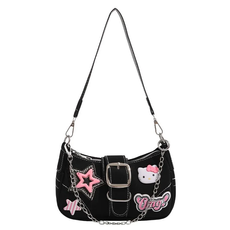 Sanrio hello kitty bolsa de moda fofa desenho animado simples cor contrastante tendência versátil bolsa de ombro de viagem para compras