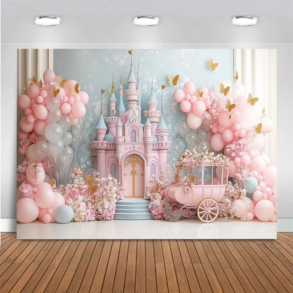 VIKAMA Dreamy Pink Castle Carriage Backdrop Ideal for Children's Birthday Parties and Parent-Child Portrait Photography