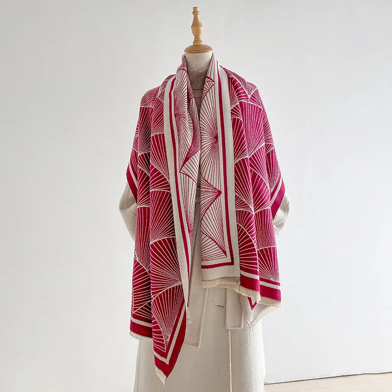 Women Scarf Geometric Fan Pattern Jacquard Shawl Wrap Tassel Neck Scarves for Autumn Winter Spring Female Large Shoulder Stole