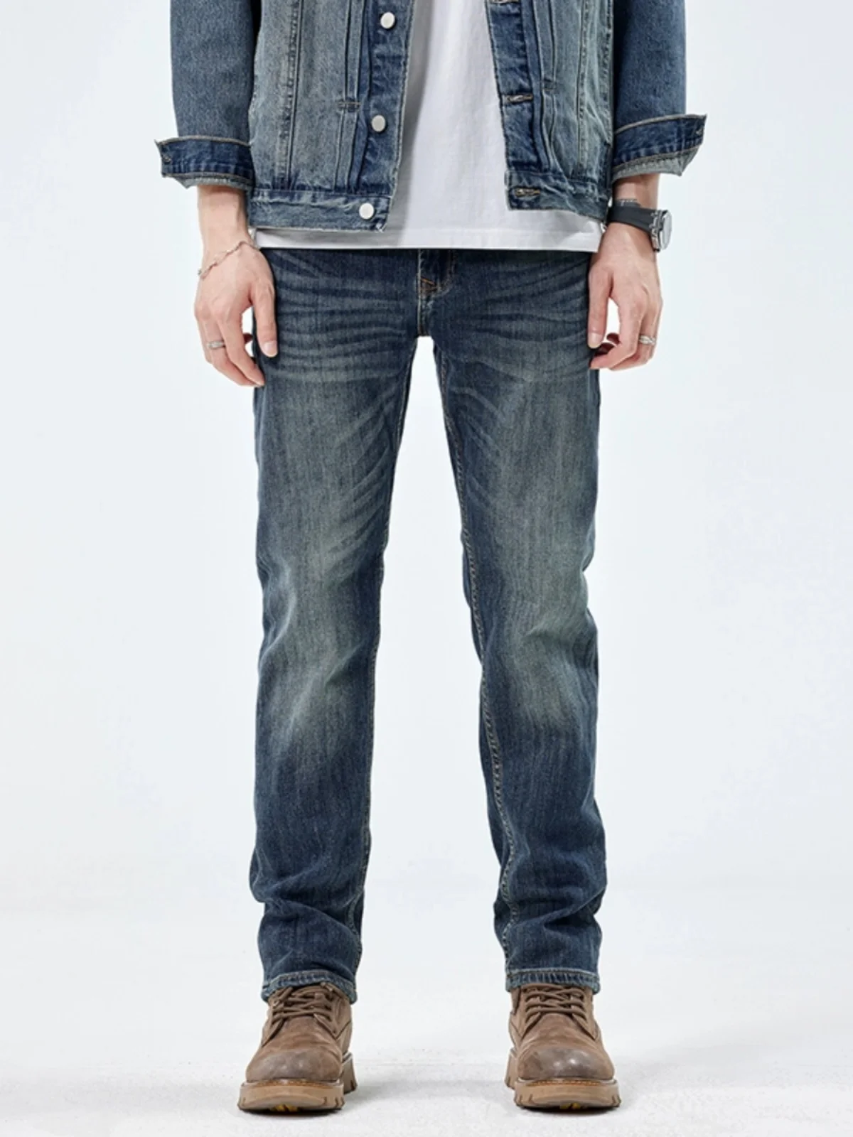 

Ele Embroidered Men's Jeans Straight Leg Casual Cotton Stretch Denim mid Waist Long Trousers Trendy Autumn Winter Sle