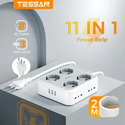 TESSAN Power Strip with 8 AC Outlets and 3 USB Desktop Plug Adapter with Switch Overload Protection 2M Extension Cable Adapter