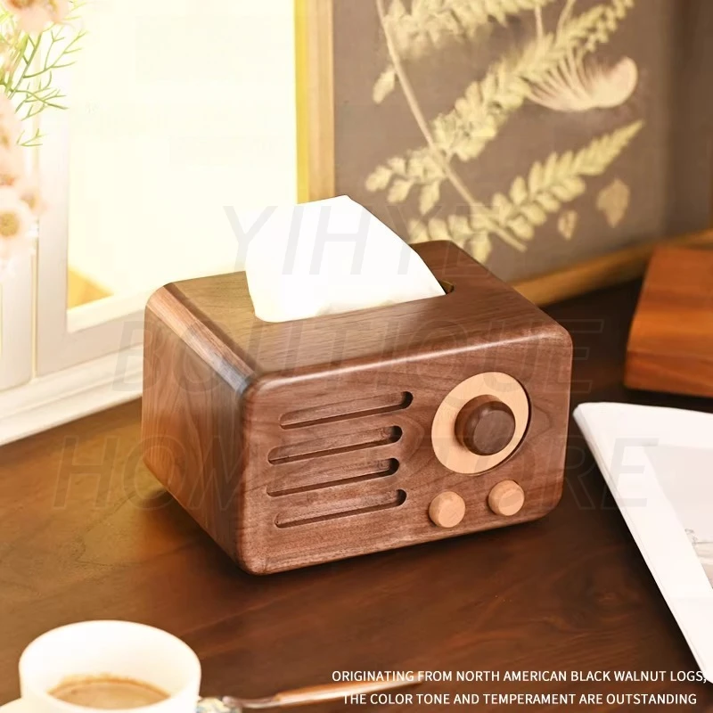 

Retro Radio Walnut Wood Tissue Box - Vintage Solid Wood Napkin Storage for Living Room or Dining Area (Classic Home Organizer)