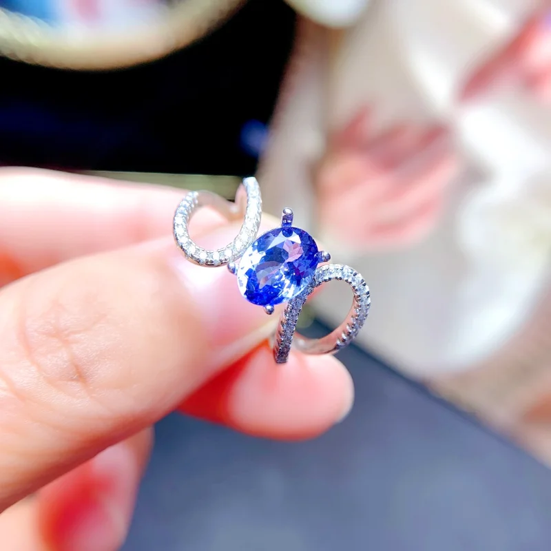 Gemicro  925 Sterling Silver Gemstone Rings Natural Tanzanite 6x8mm Vintage Ring December Birthstone for Women