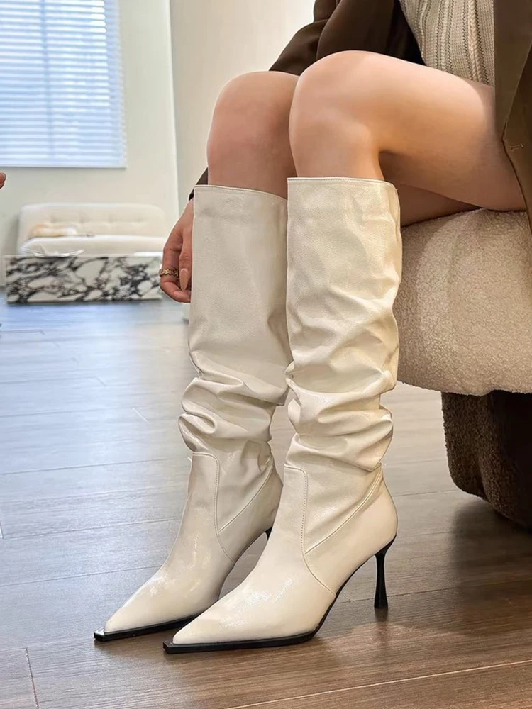 Sexy Pointed Toe High Heel Boots Folded Slim Long Tube Boots Knee High Rider Boots Women's Fashion Boots PU Leather Spring Au...