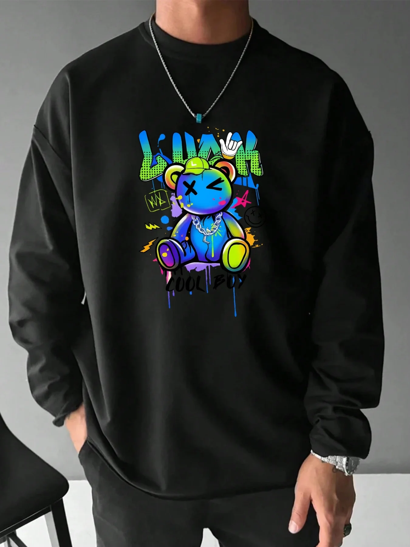 

Мужская черная футболка из чистого хлопка с круглым вырезом и длинными рукавами, простой и креативный крутой стиль для мальчиков, принт в стиле граффити